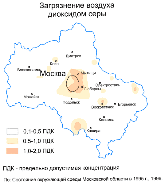 Карта заражение атмосферы диоксидом серы в Москве и Подмосковье